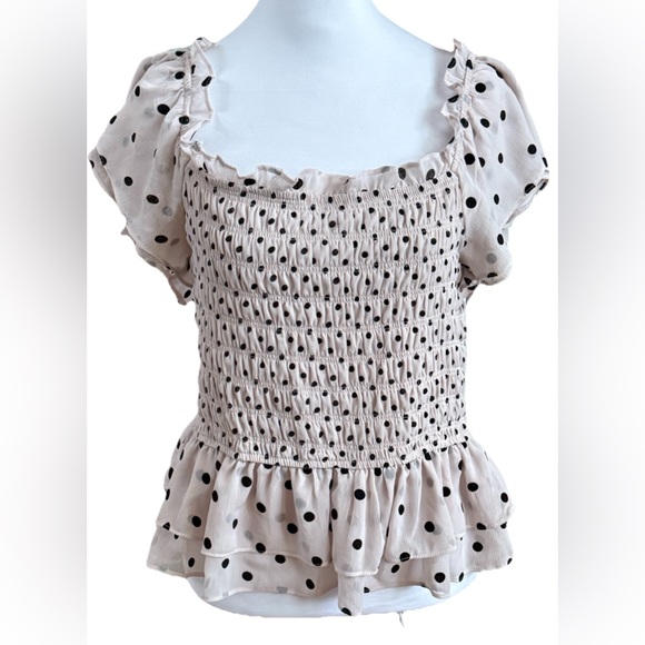 By The River Tops - BY THE RIVER Anthropologie Beige & Black Polka Dot Chiffon Milkmaid Ruffle Top L